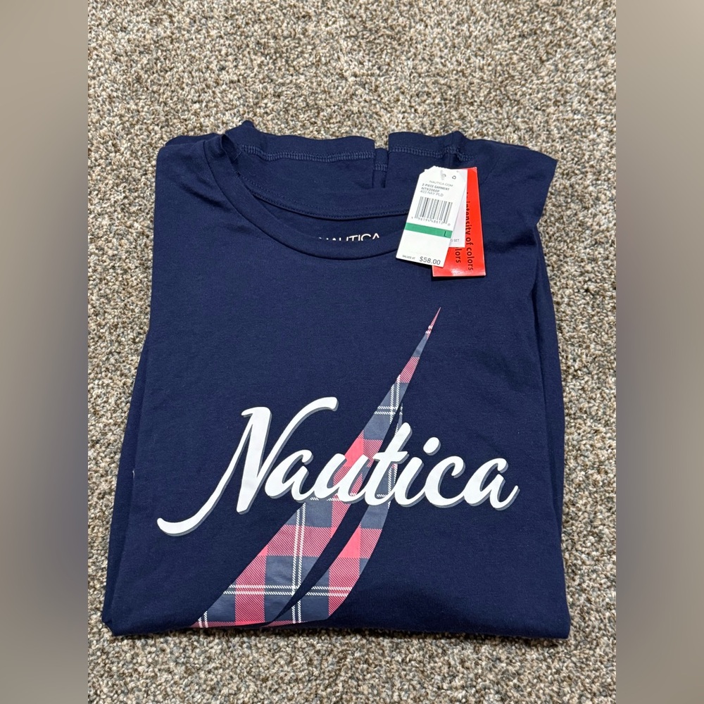 Nautica Navy Blue and Plaid Logo Long Sleeve Pajama Top Tee Size Large NEW